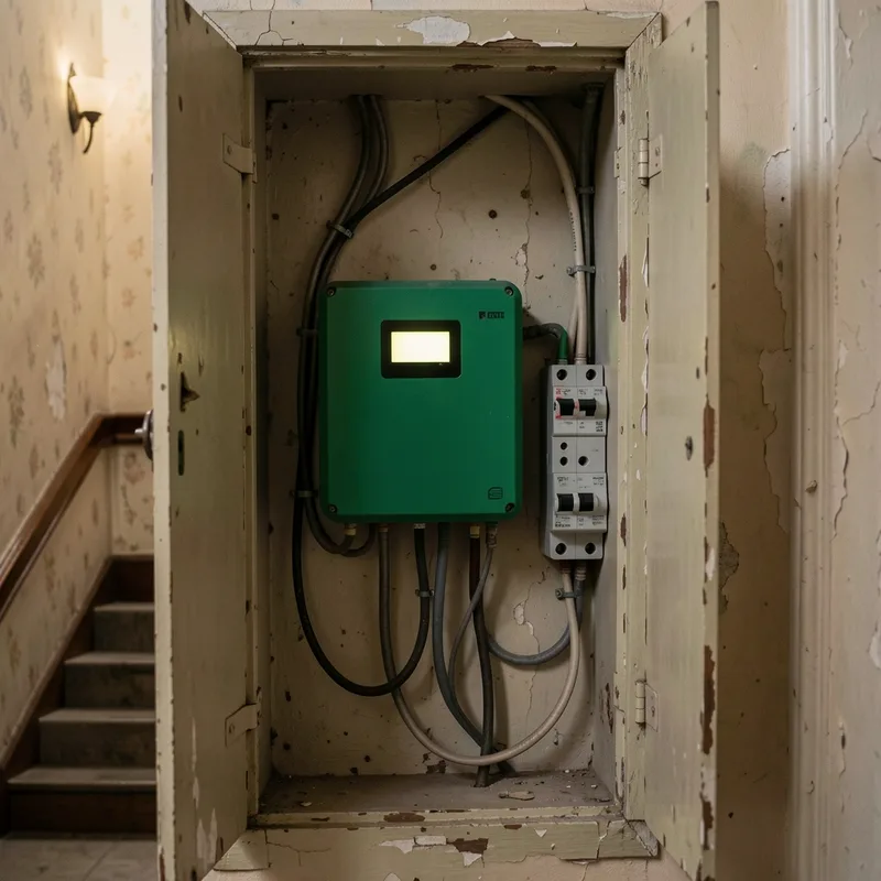 Compteur électrique communicant dans un couloir d&rsquo;immeuble parisien, afficheur allumé