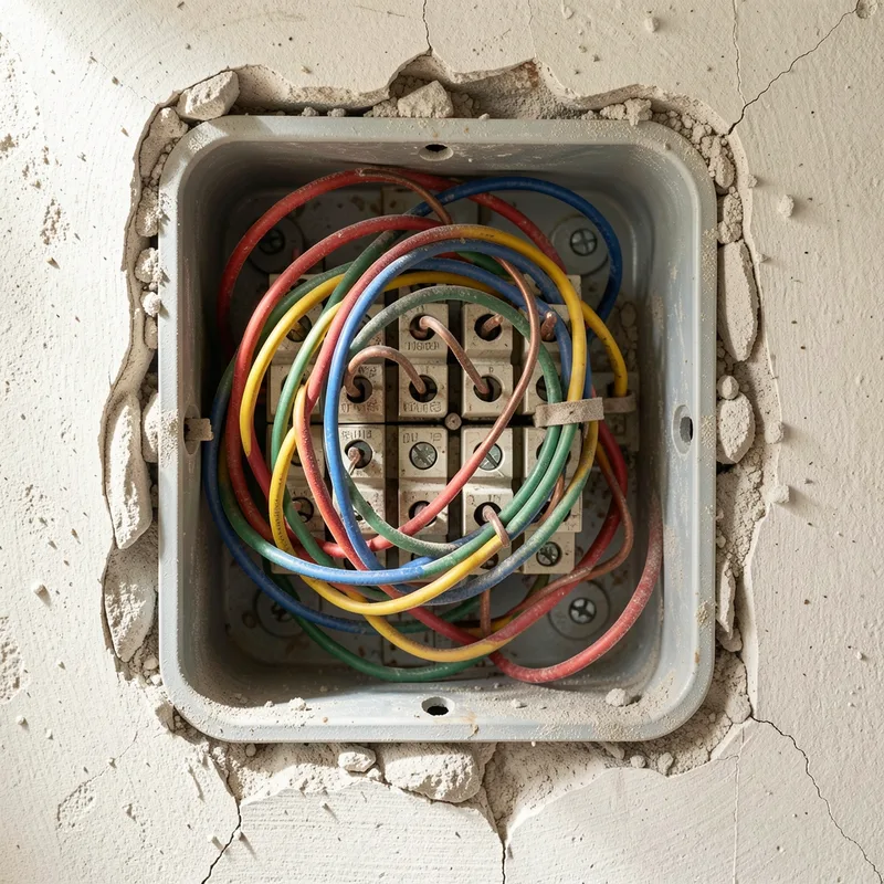 Boîte de dérivation ouverte dans un mur en plâtre, connecteurs et conducteurs apparents