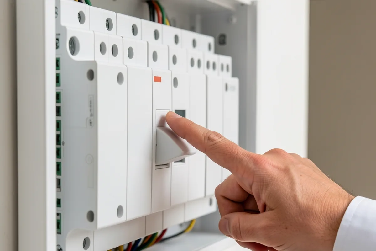 Tableau électrique ouvert avec une manette de disjoncteur abaissée dans une rangée