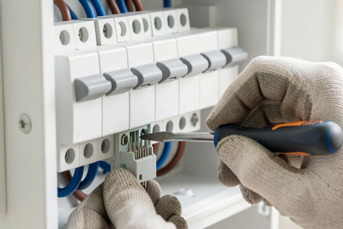 Tableau électrique neuf ouvert, mains gantées serrant une borne avec un tournevis isolé