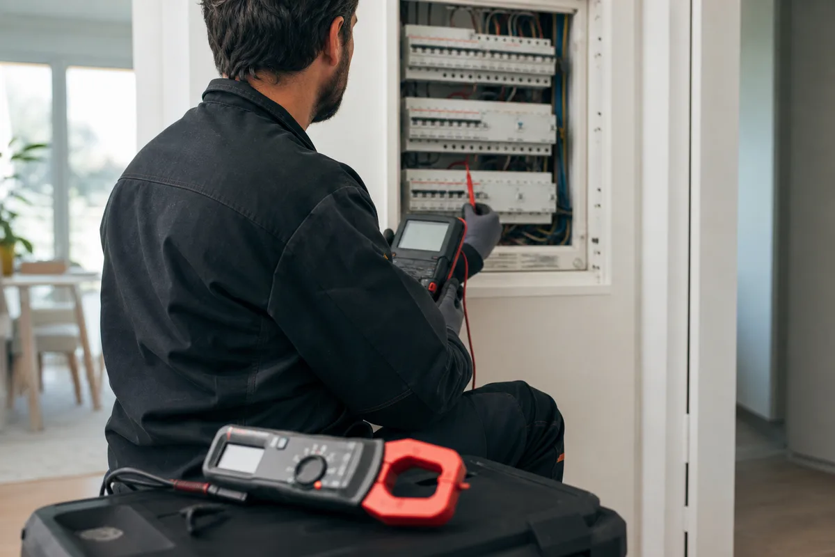 Électricien contrôlant l&rsquo;isolement d&rsquo;un circuit avec un appareil de mesure devant un tableau ouvert