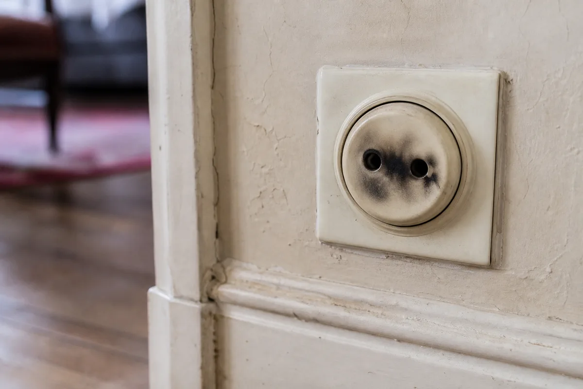 Prise électrique noircie par un échauffement dans un appartement ancien du 20e
