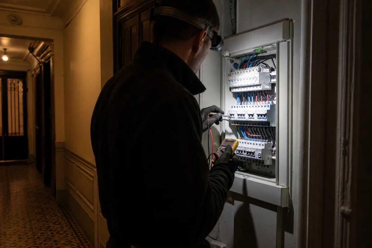 Électricien contrôlant un tableau à la lampe frontale dans un couloir d&rsquo;immeuble le soir
