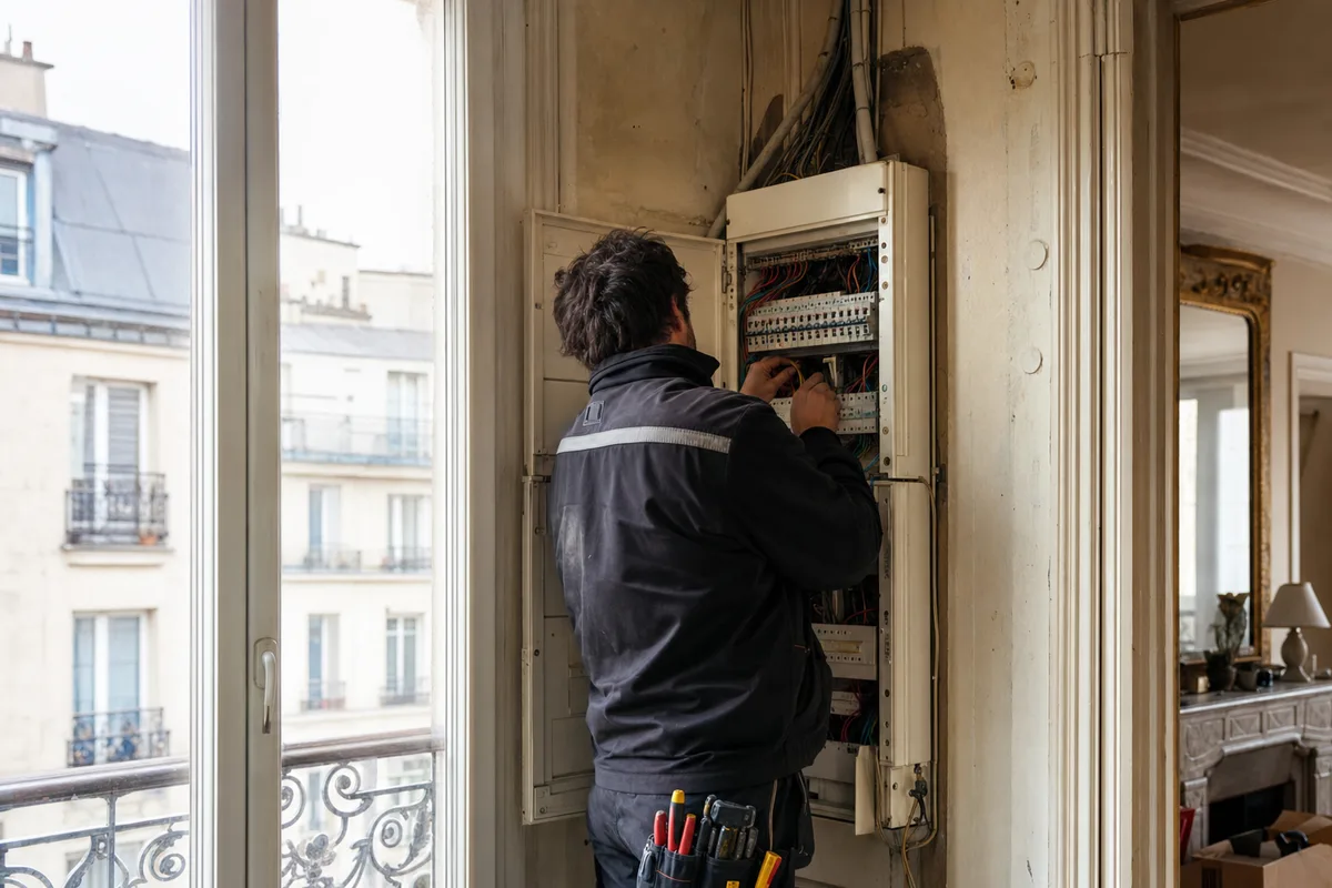 Électricien intervenant sur un tableau électrique dans un appartement ancien de Paris 12e