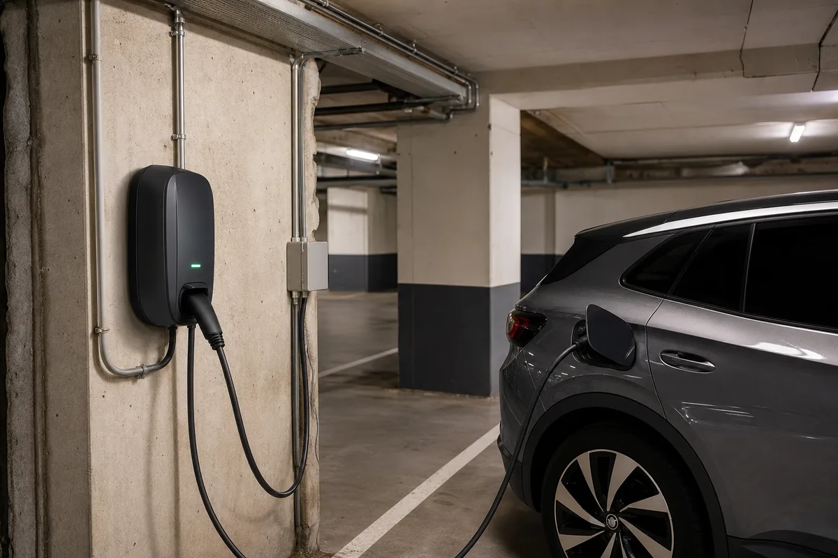 Borne de recharge murale installée dans un parking souterrain de copropriété parisienne