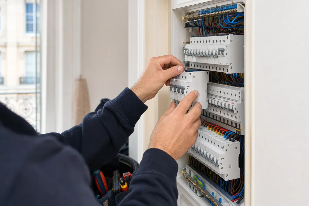 Électricien installant des disjoncteurs neufs sur un tableau électrique dans un appartement parisien
