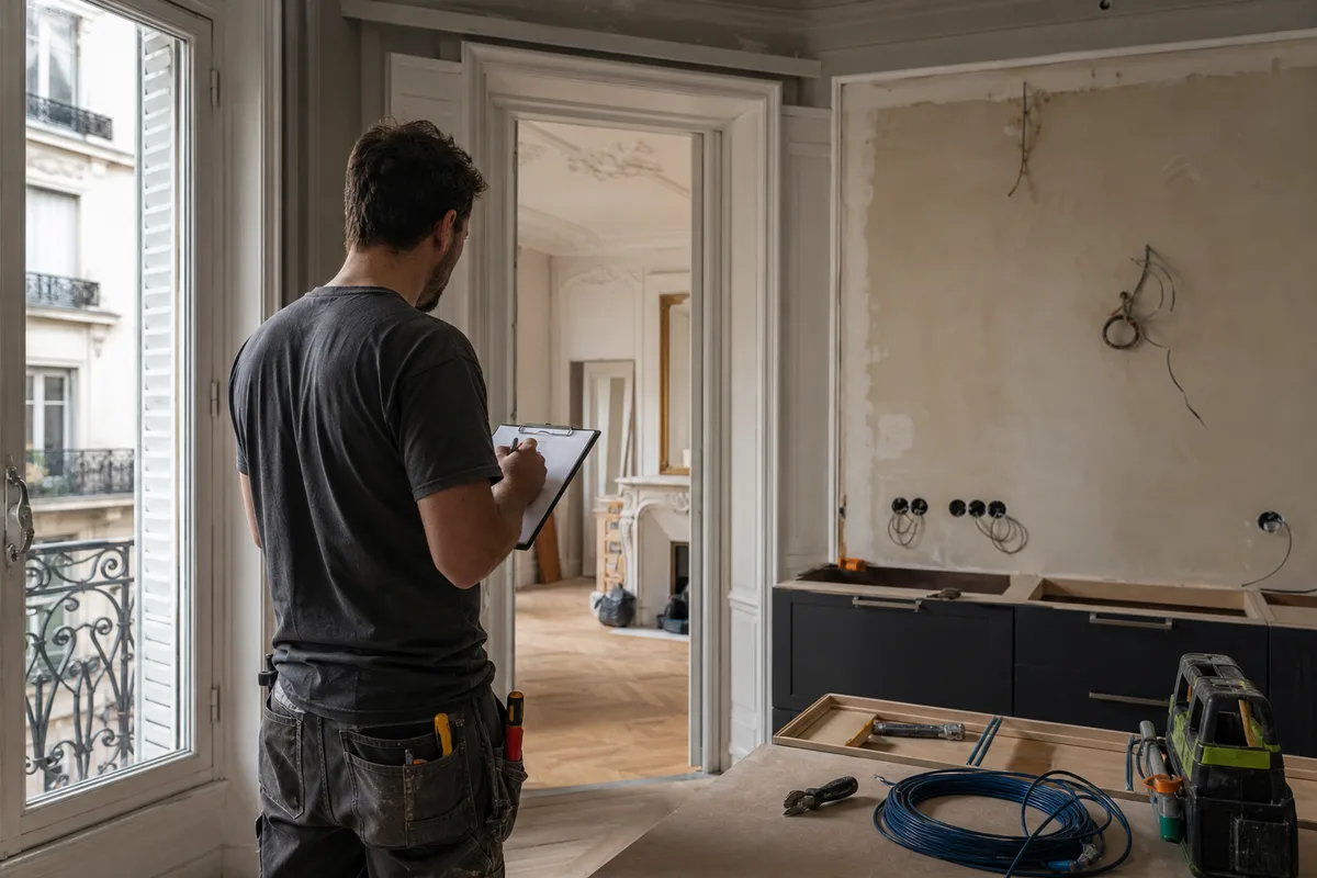 Artisan électricien rédigeant un devis dans une cuisine en travaux d&rsquo;un appartement haussmannien