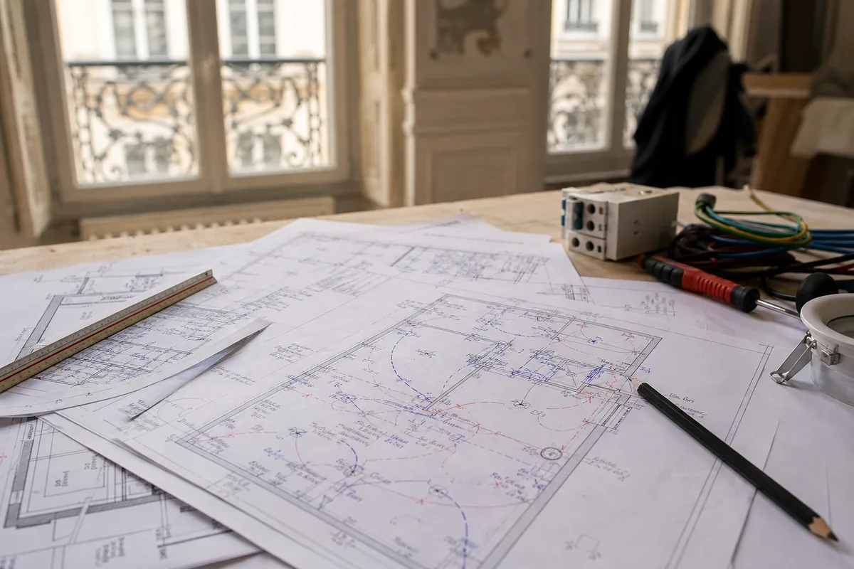Plan d&rsquo;implantation électrique annoté posé sur des plans d&rsquo;appartement en rénovation