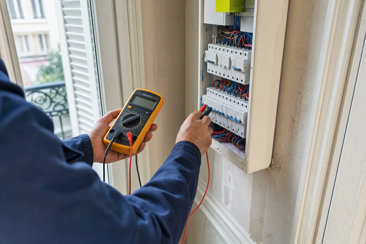 Électricien professionnel mesurant un circuit au multimètre près d&rsquo;un tableau dans un appartement ancien