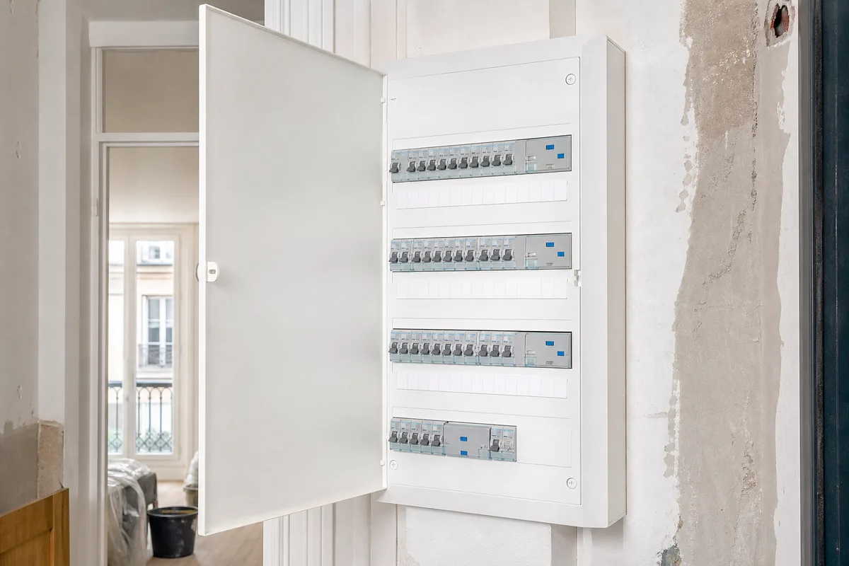 Tableau électrique neuf avec rangées de disjoncteurs et interrupteurs différentiels dans un appartement en rénovation